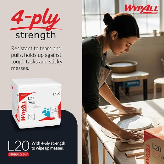 WypAll GeneralClean L20 Cloths Medium Cleaning Wipes (47022), Quarterfold Towels, Bulk Paper Wipers, White (12 Boxes of 68 Sheets, 816 Sheet Total)