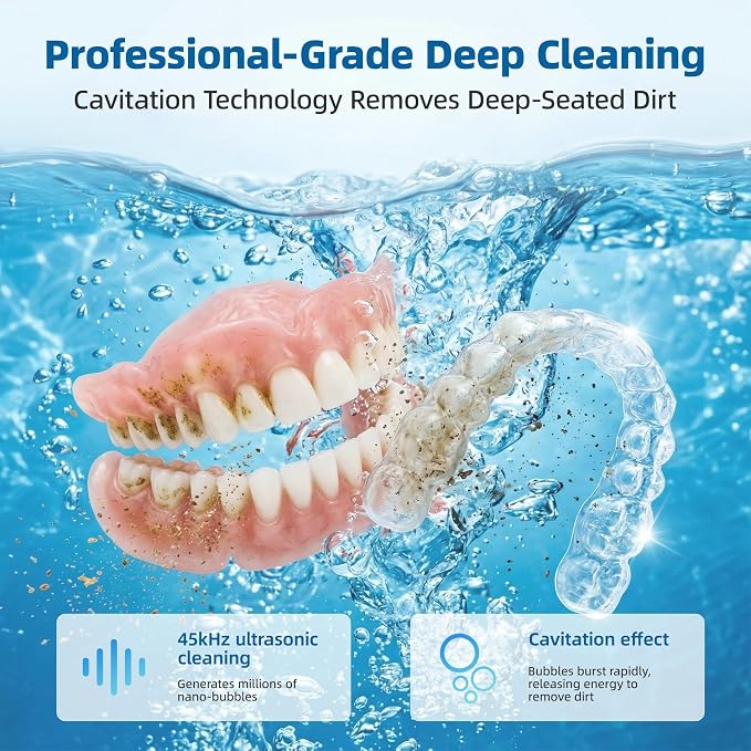 Dental Ultrasonic Retainer Cleaner Machine with 2 Detachable Tanks - 45kHz Dental Cleaning Pod with Digital Timer - Family Hygiene Kitfor Dentures, Aligners, Mouth Guards, Jewelry & Brushes