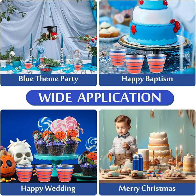 Gejoy 9 oz 100pcs Graduation Rimmed Stripe Plastic Cups Bulk Disposable Wine Hard Plastic Drinking Cocktail Cups Tumblers for Graduation Wedding Gathering Party Supplies(Blue)