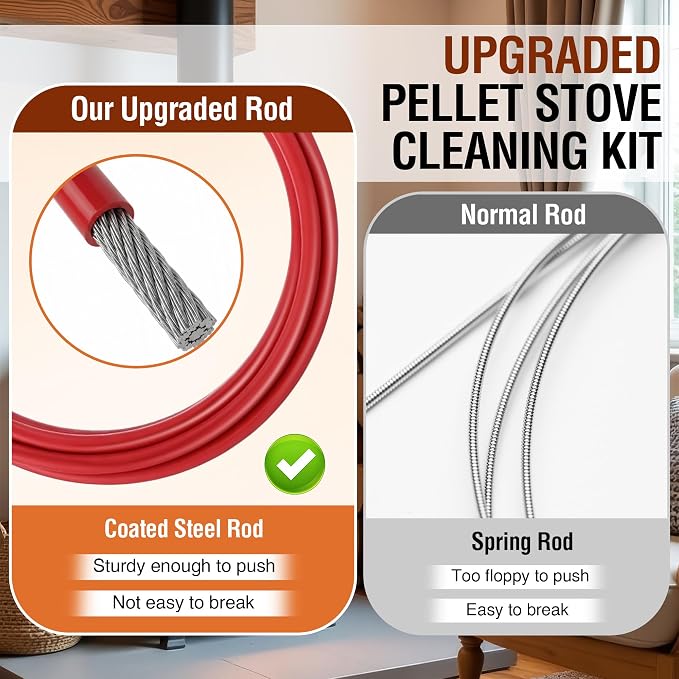 Feekoon Pellet Stove Cleaning Kit, 10 FT Flexible Steel Rod with 4" Brush Head, Flue Detail Cleaner, Pellet Stove Accessories for Vent Pipes Cleaning - Reduce Buildup & Improve Airflow