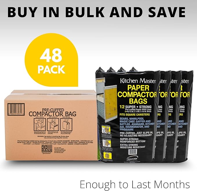 Kitchen Master Super Strong Compactor Bags (48 Pack) | Precuffed, Garbage Compactor Bags, Hardware for Kitchens, Paper Trash Bag, Kitchen Essential, Paper & Plastic Lined