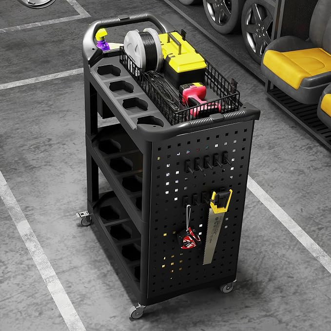 HOMCOM 3 Tier Utility Cart on Wheels, Rolling Tool Storage with Pegboards and Bucket, 200 LBS Load Capacity Plastic Service Cart for Garage, Warehouse, Workshop, Black