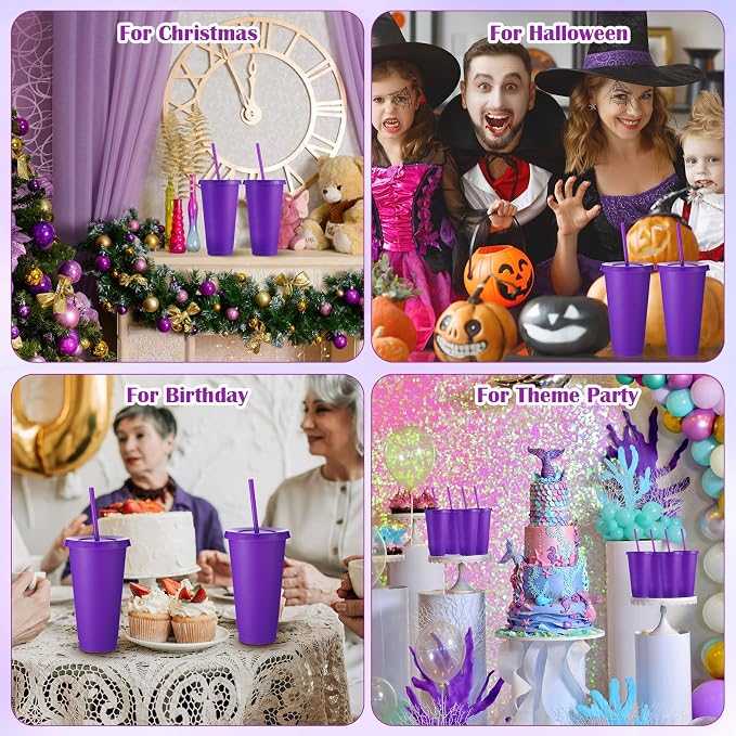 Honeydak 60 Pack Tumbler with Straw and Lid Bulk Cups for Gifts Water Bottle Iced Coffee Travel Mug Cup Reusable Plastic Tumblers for Party Birthdays 24-27 oz (Purple Color)