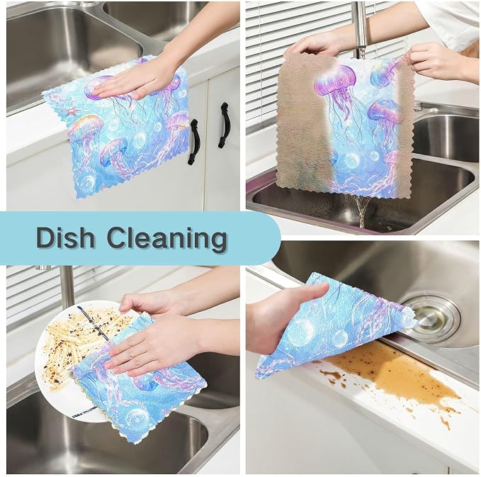 Marine Jellyfishes Starfish and Bubbles Kitchen Towels Dish Cloths Set of 6 Microfiber Cleaning Cloths for Cars Super Absorbent Machine