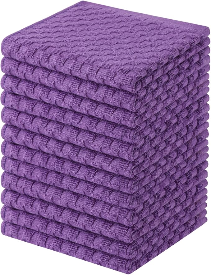 Homaxy 100% Cotton Terry Kitchen Dish Cloths, Ultra Soft Absorbent Dish Towels with Hanging Loop, Pineapple Grid Designed, 12 x 12 Inches, 12-Pack, Purple