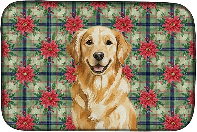Caroline's Treasures Golden Retriever Christmas PoinsettIas Dish Drying Mat Absorbent Dish Drying Mat Pad for Kitchen Counter Dish Drainer Mat for Countertop, 14 x 21", Multicolor