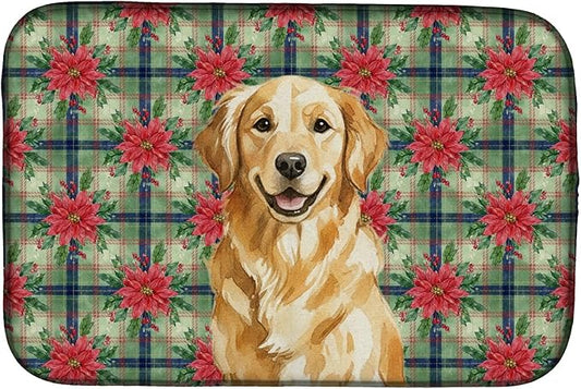 Caroline's Treasures Golden Retriever Christmas PoinsettIas Dish Drying Mat Absorbent Dish Drying Mat Pad for Kitchen Counter Dish Drainer Mat for Countertop, 14 x 21", Multicolor