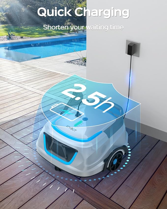 WYBOT A1 Robotic Pool Cleaner – Dual Layer Filtration, Strong Suction, 130 Mins Runtime, Robot Pool Vacuum for Above Ground & Flat Pools up to 1,100 Sq. Ft., 4 Cleaning Modes,White with Blue Accents
