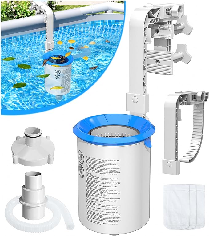 DeeprClean Upgrade Above Ground Pool Skimmer Comes with 3 Socks, Anti-tilt Wall Mount Surface Skimmer, Removable Skimmer Basket, Adjustable Height Bracket, Auto Skimming Pool Surface Leaves - White