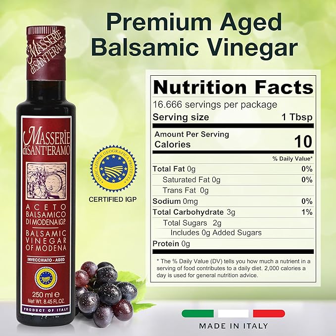 Masserie di Sant'Eramo Italian Aged Balsamic Vinegar of Modena, Made in Italy, Aceto Balsamico di Modena IGP - Masserie di Sant'Eramo - 8.45 Fl Oz (Pack 1)