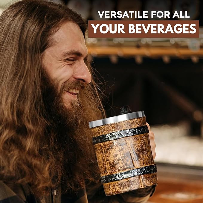 Rite Edge Viking Barrel Mug 550ml - Stainless Steel & Resin, Old Barrel Design, Rustic Medieval Drinking Mug, Durable Craftsmanship for Beer & Beverages