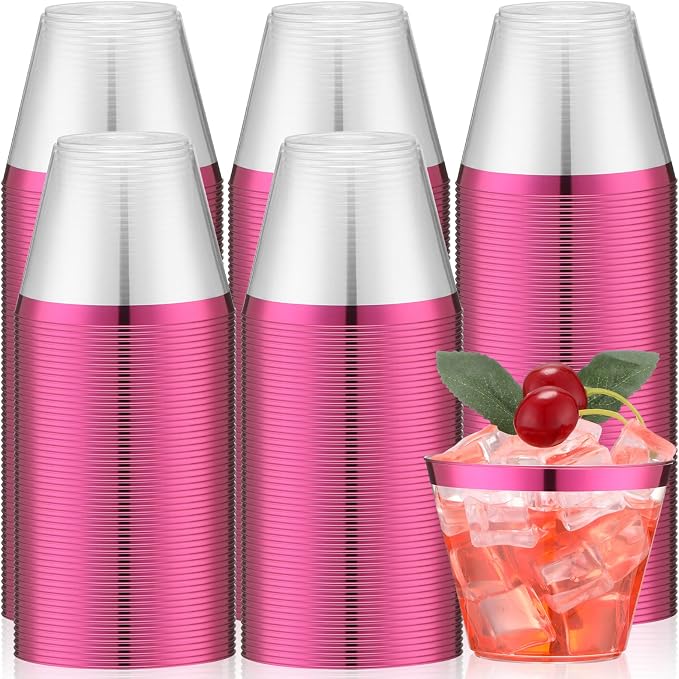 Lounsweer 100 Pcs 9oz Rimmed Plastic Cups Valentine's Clear Cocktail Cups Heavy Duty Wine Glasses for Valentine's Day Birthday Bridal Shower Baby Shower Wedding Holiday Celebrations(Hot Pink)