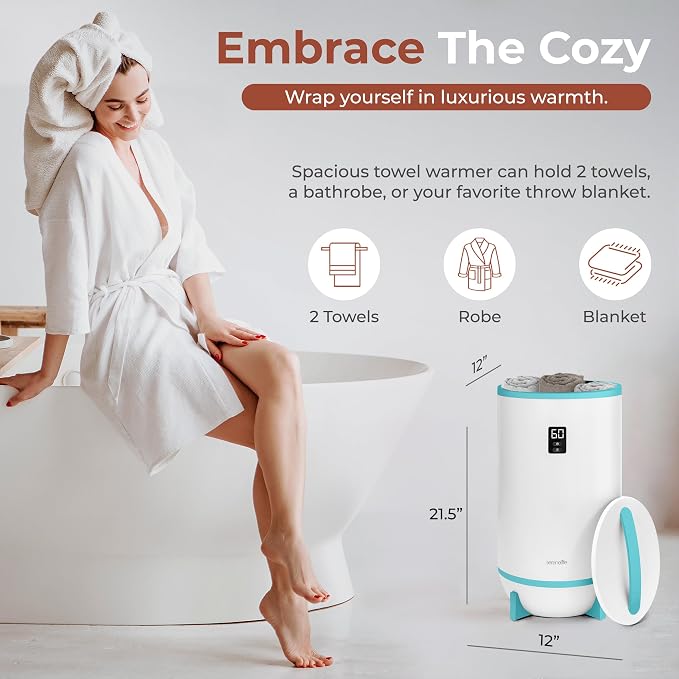 SereneLife Towel & Blanket Warmer, One Touch Portable Bath Towel Warmer with Fragrant Disc Holder, Timer (15, 30, 45, or 60 minutes) and LED Display, Auto Shut Off, Ideal for Bathroom & Spa Use, Blue