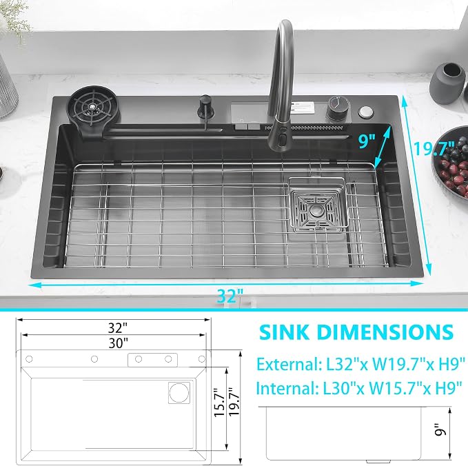 32" x 19.7" Black-Gray Waterfall Kitchen Sink, Drop In Stainless Steel Modern Single Bowl Sink with Pull-Out Spray Faucet, Cup Washer & Accessories
