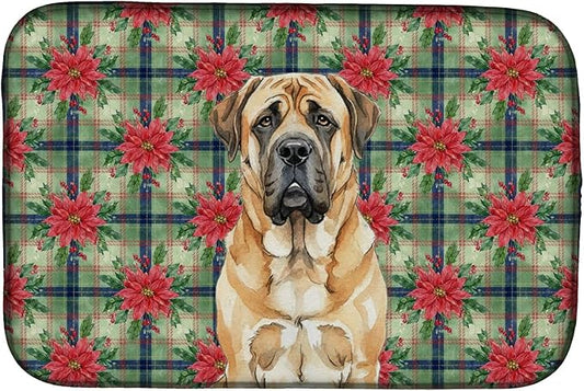 Caroline's Treasures Apricot English Mastiff Christmas PoinsettIas Dish Drying Mat Absorbent Dish Drying Mat Pad for Kitchen Counter Dish Drainer Mat for Countertop, 14 x 21", Multicolor