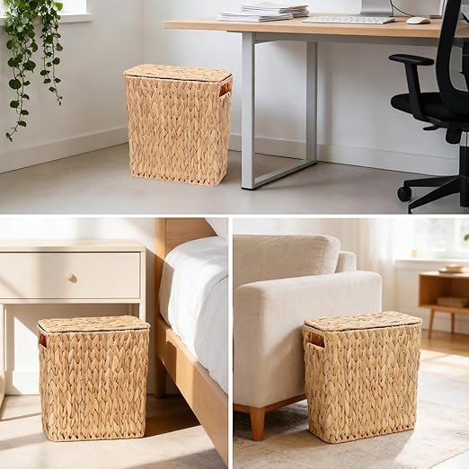 3 Gallon Wicker Trash Can with Lid and Removable Liner, Natural Water Hyacinth Handwoven Bathroom Waste Basket with Brush for Bedroom,Toilet, Living Room, Under Sink, Kitchen (with Brush)