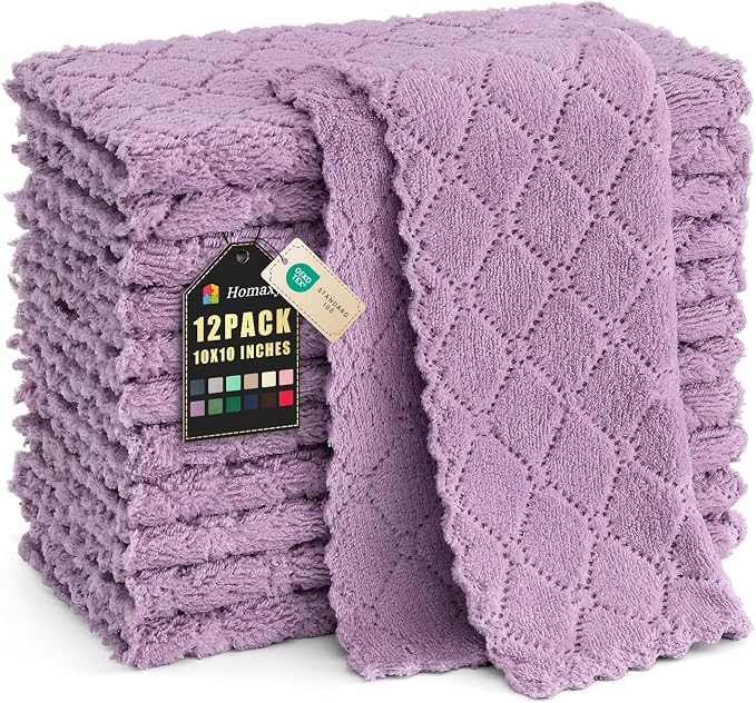 Homaxy 12 Pack Kitchen Dish Cloths (10 x 10 Inches, Purple), Super Soft and Absorbent Coral Velvet Dish Towels, Nonstick Oil Fast Drying Microfiber Cleaning Cloth, No Lint Household Dishcloths