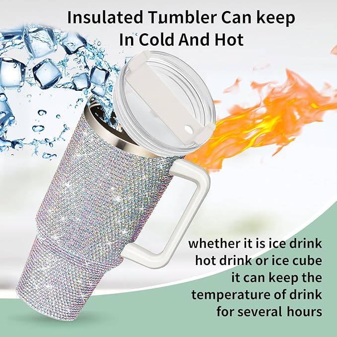 HWISDMIG 40oz Tumbler with Handle-Glitter Rhinestones Tumbler Bling Cups Stainless Steel Water Bottle Diamond Studded Tumbler for Women-Birthday Gifts for Women, Mom, Wife, Girlfriend (40 oz, Shiny)