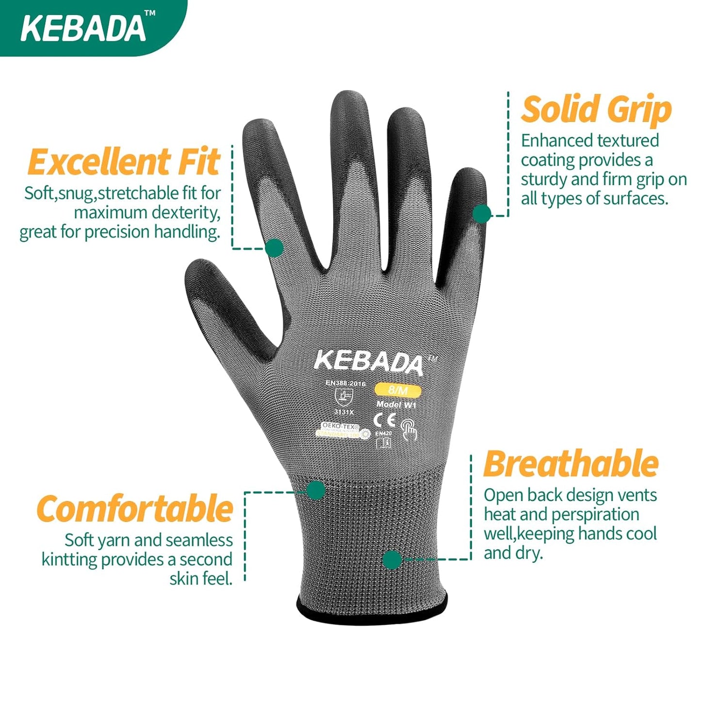 Kebada Safety Work Gloves,120 Pairs Bulk Pack, Touchscreen, PU Coated, Ideal for Warehouse, Construction, Gardening and Mechanics, Grey, Large