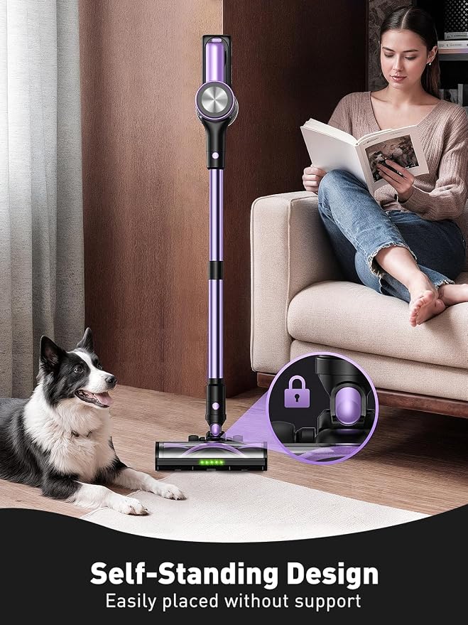 Cordless Vacuum Cleaner for Home, 55KPa Powerful Suction, Self-Standing Stick Vacuum with Charging Dock, Anti-Tangle Brush, Lightweight for Pet Hair, Carpet, Hardwood Floor(Purple)