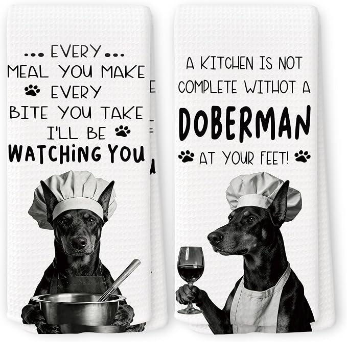 Funny Doberman Dog Kitchen Towels 16x24 Inch Set of 2 | Doberman Lovers Gifts for Women Men Dish Tea Towels for Kitchen, Dog Lover Mom Dad Owner Gifts Decorative Hand Towel