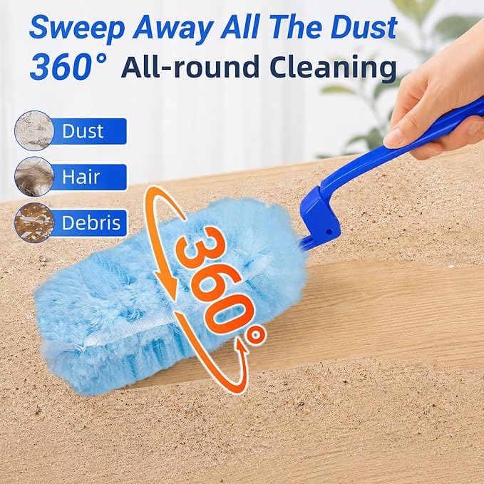60 Count Heavy Duty Duster Refills for Swiffer Duster, 360° Double-Sided Electrostatic Dusting Pads with Upgraded Thick Fibers, 2 Handles Included, Disposable Microfiber Duster for Cleaning Home(Blue)