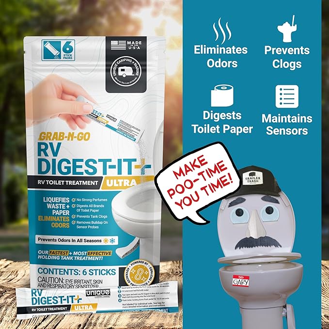Unique RV Digest-It Ultra Stick Pack, 6 Count, Extra-Strength RV Toilet Treatment, No-Mess, Pre-measured, Grab-N-Go Bio-Enzymatic Black Tank Treatment, Eliminates Smells and Prevents Clogs