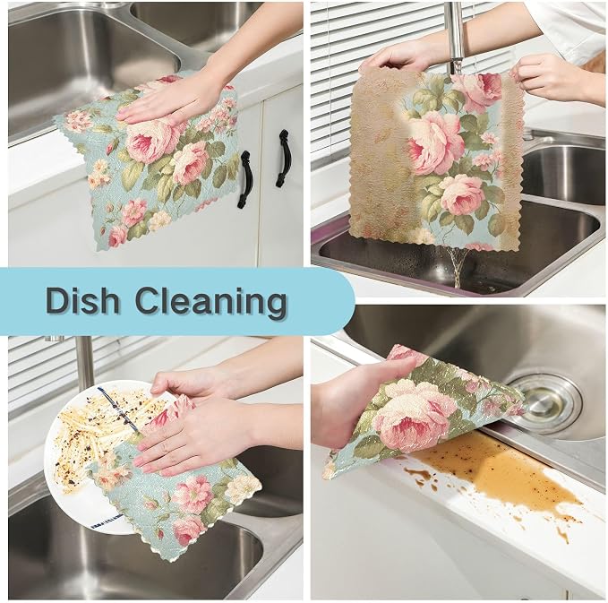 senya Kitchen Dishcloths, Vintage Pink Rose Flower Cloth Dish Towels 6 Pack Super Absorbent Dishtowels Reusable Cleaning Cloths