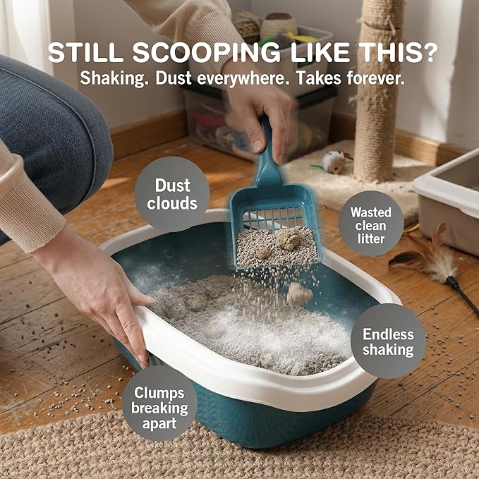Sprinkle & Sweep: Litter Box Speed Shifter - 2 Pack - Metal Scoop, Comfortable Wood Grip, Washable Stand, Efficient Cleaning, Cat & Pet Maintenance