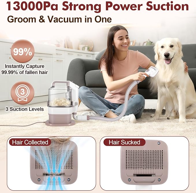 Dog Grooming Kit, 3.2L Large Capacity Pet Grooming Vacuum for Dogs and Cats, 12,000Pa Strong Suction & Low Noise Pet Pro Grooming Tool with 5 Pets Grooming Tools for Shedding Pets and Cats