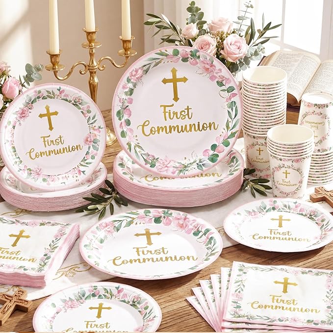 Pickmesh 250 Pcs Pink First Holy Communion Disposable Tableware Set God Bless Baptism Disposable Paper Plates Napkins and Cups for Girls Christening Celebration Baby Shower Religious Supplies Serve 50