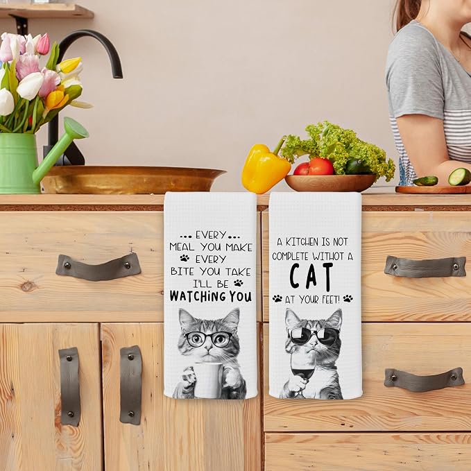 Funny Cat Kitchen Towels 16x24 Inch Set of 2 | Cat Mom Dad Lady Lovers Gifts for Women Men Dish Tea Towels for Kitchen, Pet Lover Gifts Decorative Hand Towel