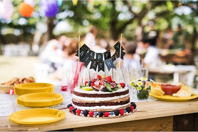 Exquisite Party Solids Yellow Plates Disposable Yellow Plastic Plates 100 Pieces - 50-7" & 50-9" Heavy Duty 350 GSM Disposable Dinnerware Sets, Plastic Dinnerware Sets