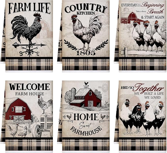 Bencailor 6 Pcs Farmhouse Kitchen Towels Chicken Rooster Kitchen Decor Farm Animal Hand Towels for Cooking Baking Housewarming Gift,15.75 x 23.62 inch(Retro Gray,Barn Farm)