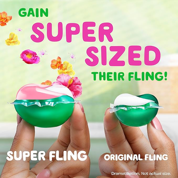Gain Super Flings Laundry Detergent Pacs, 32 Count, Hibiscus Hula scent, irresistibly clean and fresh washing detergent laundry soap pacs