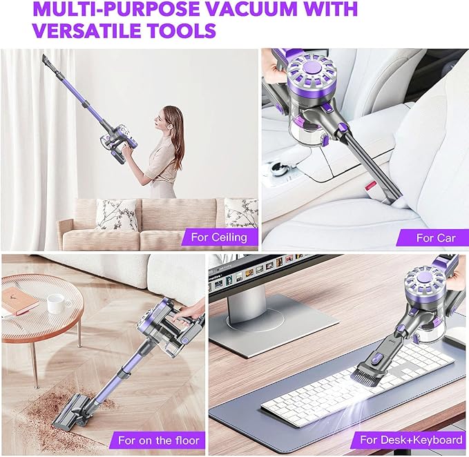 WLOTPO Cordless Vacuum Cleaner for Home,Lightweight Stick Vacuum Cordless Rechargeable with Power Suction, Up to 35 Mins Runtime, Hardwood Floor Vacuum for Pet Hair,Carpets,Tile(Purple)
