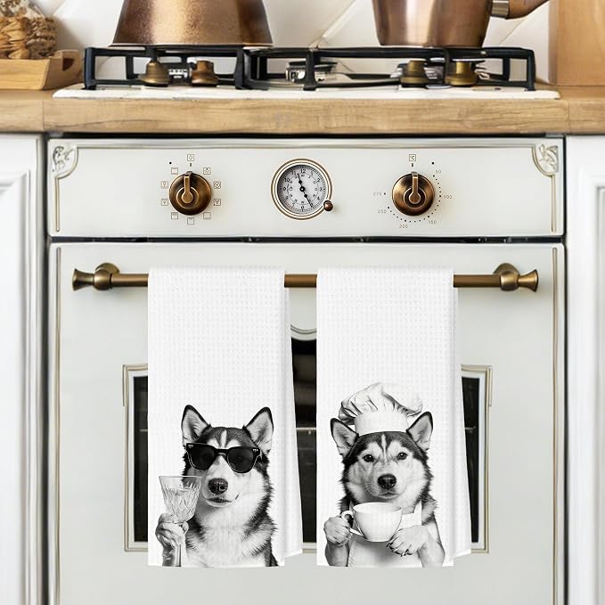 Funny Husky Kitchen Towels Set of 2, Dog Kitchen Bar Accessories, Dog Chef Gifts for Women Decorative Hand Towels for Kitchen Decor, Husky Lovers Dish Tea Towel, 16x24 Inch