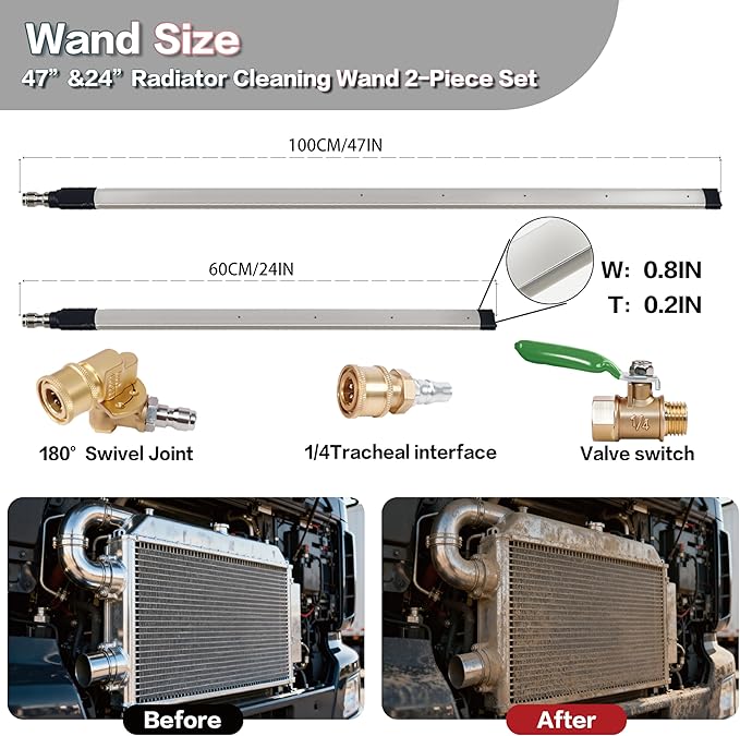 47" & 24" Radiator Cleaning Wand 2-Piece Set - 4500 PSI Stainless Steel Dual Water/Air Radiator cleaner Cleaner w/Pressure Washer Gun Adapter & Tips for Cars, Trucks, RVs, Heavy Equipment