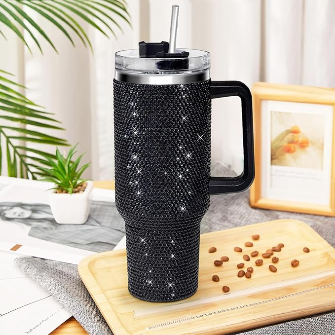 HWISDMIG 40oz Tumbler with Handle-Glitter Rhinestones Tumbler Bling Cups Stainless Steel Water Bottle Diamond Studded Tumbler for Women-Birthday Gifts for Women, Mom, Wife, Girlfriend (40 oz, Black)
