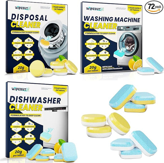 WipeoutX 3-in-1 Appliances Cleaner 72 Tablets Combo (24 Each) Dishwasher Cleaner, Washing Machine Cleaner & Garbage Disposal Cleaner Tablets – Deep Cleaning & Deodorizer