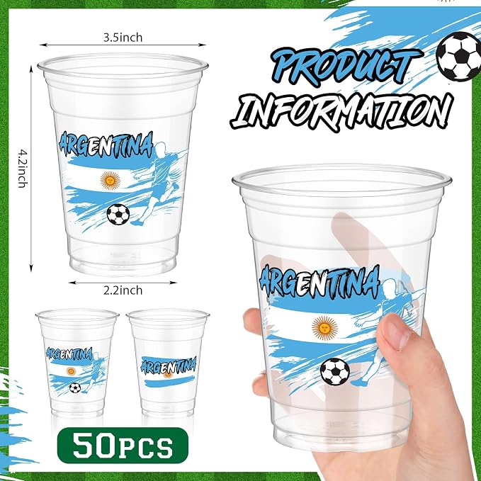 Jingmore 50 Pcs Soccer Plastic Cups 12 oz International Countries Soccer Disposable Plastic Cups Thick Clear Drinkware for Sports Games Party Supplies (Argentina)
