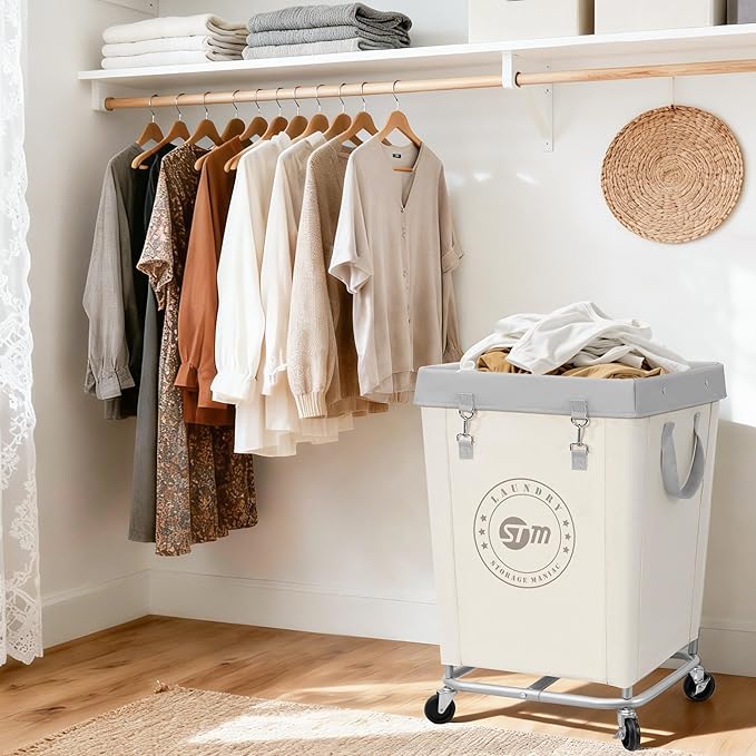 STORAGE MANIAC Commercial Laundry Hamper with Heavy Duty Steel Frame, 160 L Industrial Clothes Basket Cart with Wheels for Hotel, Home, Laundry Room, 18''L x 18''W x 31''H, Medium Beige
