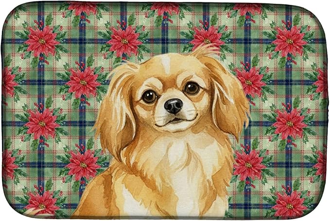Caroline's Treasures Gold Tibetan Spaniel Christmas PoinsettIas Dish Drying Mat Absorbent Dish Drying Mat Pad for Kitchen Counter Dish Drainer Mat for Countertop, 14 x 21", Multicolor