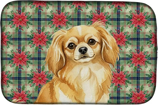 Caroline's Treasures Gold Tibetan Spaniel Christmas PoinsettIas Dish Drying Mat Absorbent Dish Drying Mat Pad for Kitchen Counter Dish Drainer Mat for Countertop, 14 x 21", Multicolor