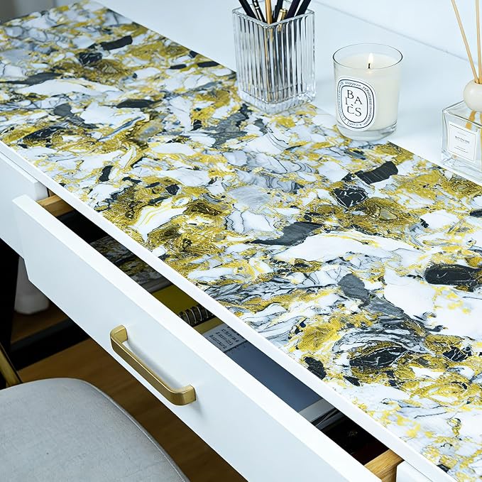 Drawer and Shelf Liner - Yellow Black Marble Pattern,Non Adhesive Non Slip Waterproof Easy-Clean Liner for Kitchen Cabinet, Refrigerator, Bathroom, Pantry Storage Drawers, 12 in x 20 Ft