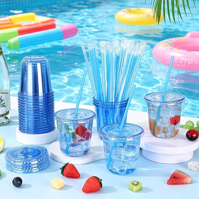 KesaPlan 50 Pack 12 oz Blue Plastic Party Cups with Lids & Straws, Disposable Iced Coffee Cup with Lids, Round Bottom Drinking Cups for Cocktail Cold Beverages Birthday Wedding Picnics Party Supplies