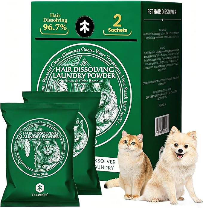 SEMECH by Seedshub Pet Hair Remover for Laundry, Dissolves 96.7% Dog & Cat Hair, Odor & Residue, HE Compatible for Front & Top Load Washers, Septic Safe Pet Detergent Laundry - 2 Sachets