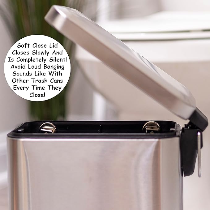 Homie Soft Close, Slim Trash Can 3.2 Gallon with Anti - Bag Slip Liner and Lid, Use as Mini Garbage Basket, Slim Dust Bin, or Decor in Bathroom, Restroom, Kitchen, or Bedroom (Stainless Steel)