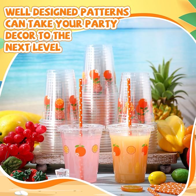 Blushtier 100 Set 12 oz Orange Disposable Plastic Cups with Lids and Straws Transparent Orange Watermelon Party Cups for Juice Water Coffee Tea Birthday Summer Fruit Party Supplies