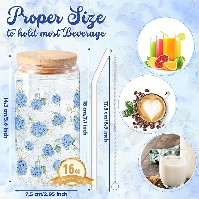 Sliner 2 Pcs Hydrangea Glass Cups Floral Gifts Flower Drinking Glasses 16 oz Iced Coffee Tumbler with Lid Straw Cute Beer Can Tumbler Holiday Gifts for Spring Summer Home Office Decorations